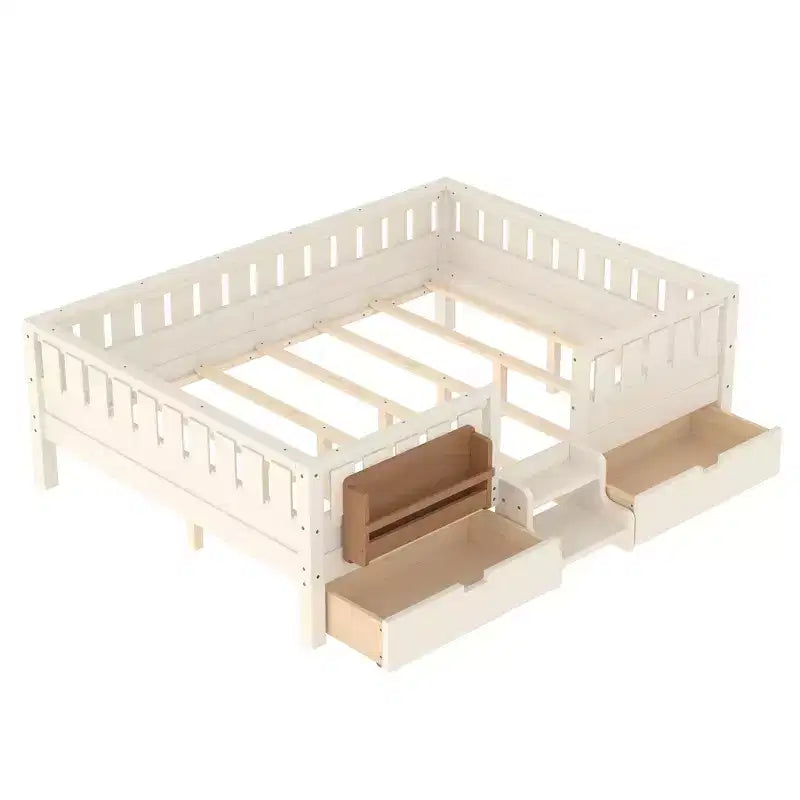 Lit pour enfant Bellemave format queen avec 14 barrières de sécurité, cadre de lit compact avec bibliothèque intégrée et 2 tiroirs de rangement sous le lit