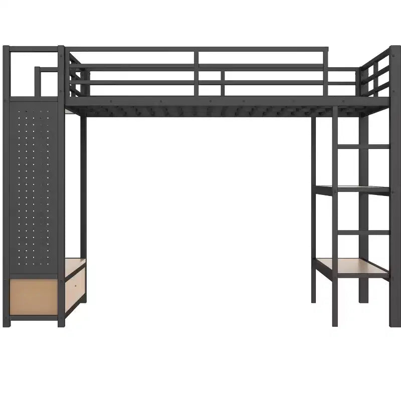 Metall-Hochbett für Full-/Queen-Size-Matratzen, Komplettset mit Kleiderschrank, Ablagefächern und Lochwand, Schwarz - ModernLuxe