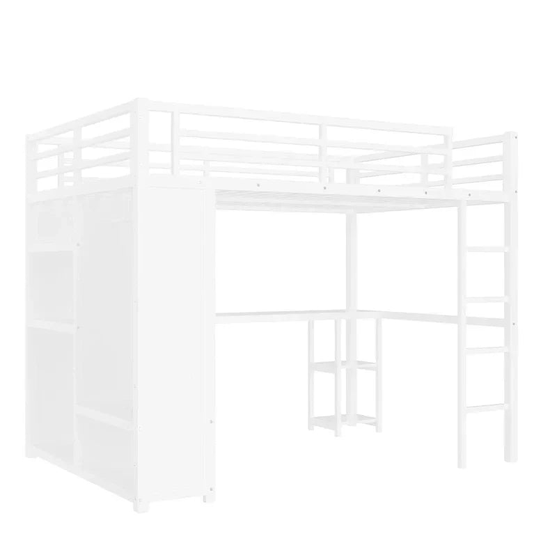 Hoogslaper voor queensize bed - ingebouwde kledingkast en bureau, metalen frame met planken