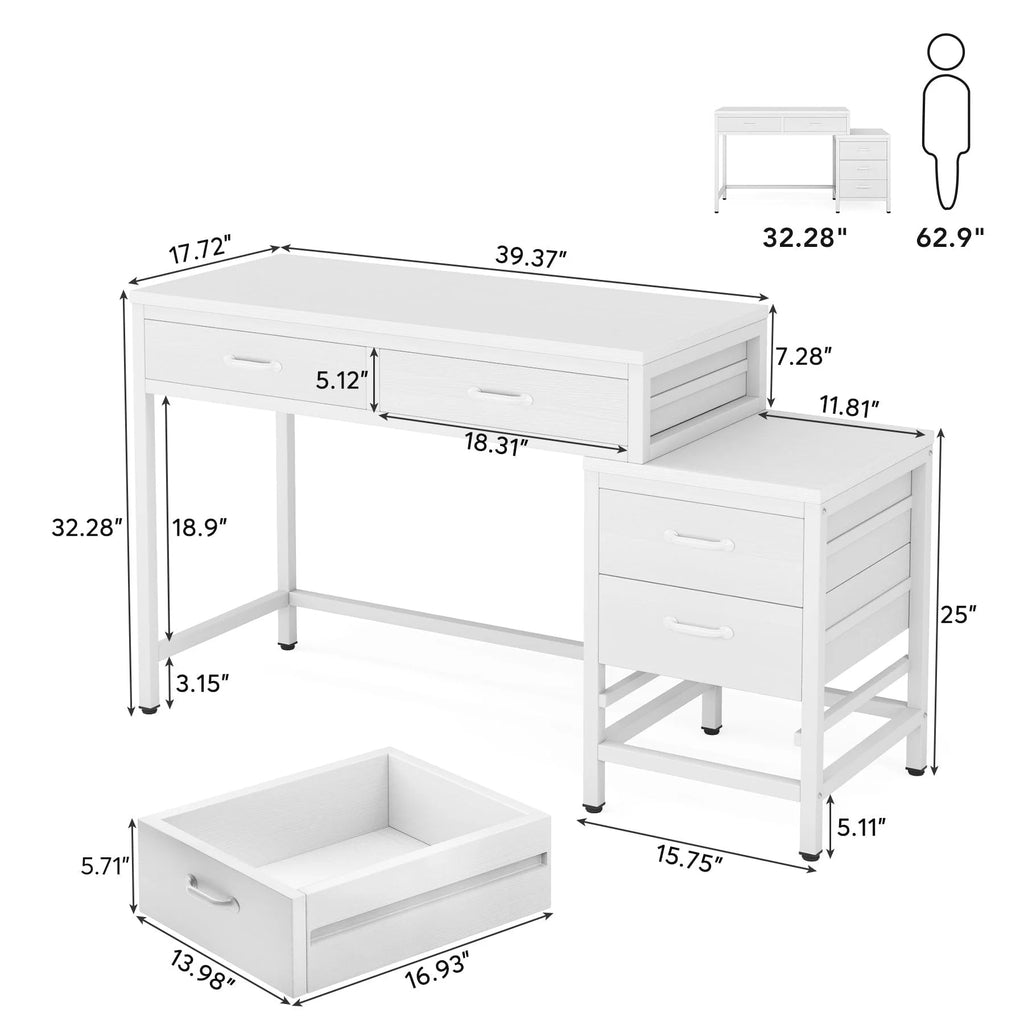 Wendbarer Computerschreibtisch mit 5 Schubladen, Schreibtisch fürs Homeoffice mit Aktenschublade und Druckerständer