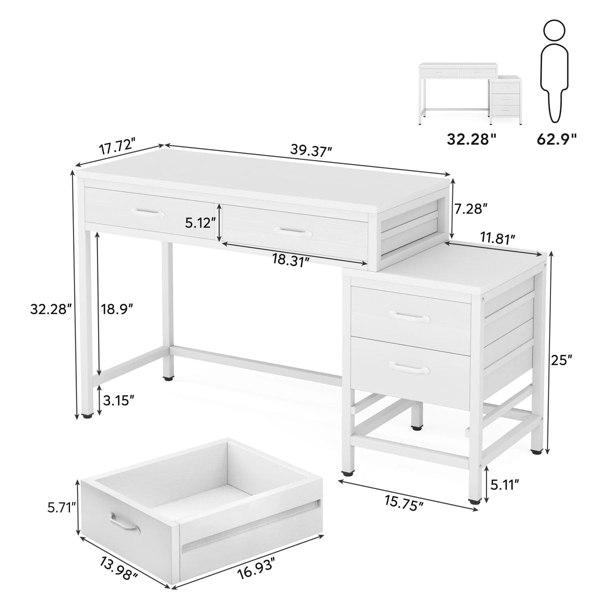 Wendbarer Computerschreibtisch mit 5 Schubladen, Schreibtisch fürs Homeoffice mit Aktenschublade und Druckerständer