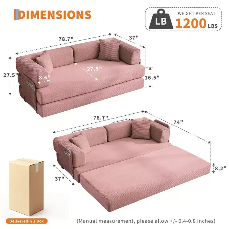 Modernes 79-Futon-Schlafsofa aus Cord für kleine Räume, 5-in-1-Couch mit abnehmbaren Armlehnen und Kissen