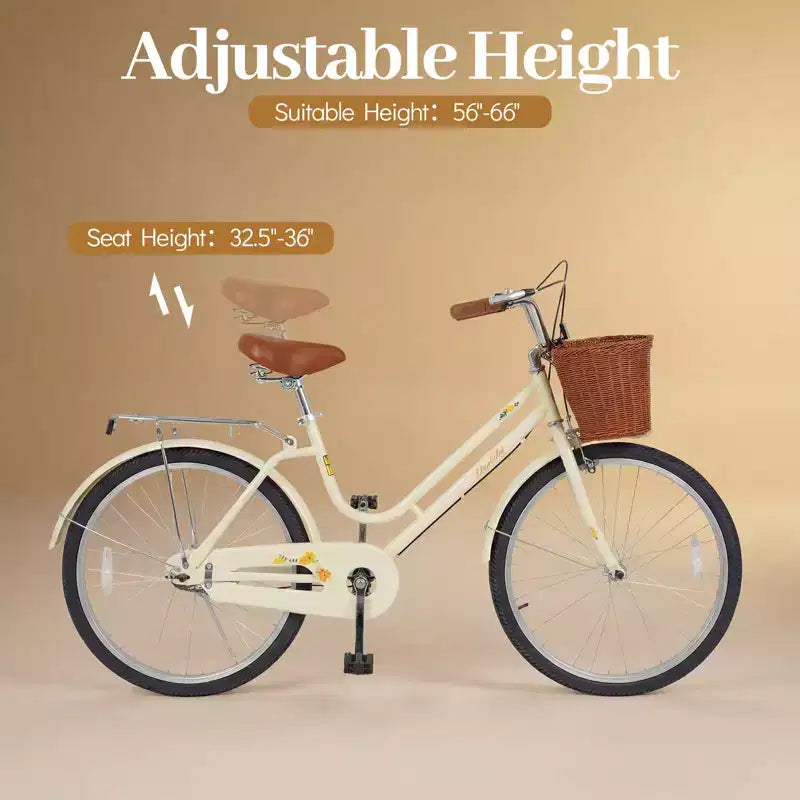 Gymax 24-inch cruiserfiets voor op het strand met verstelbaar zadel, gevlochten mand en bagagedrager voor in de stad