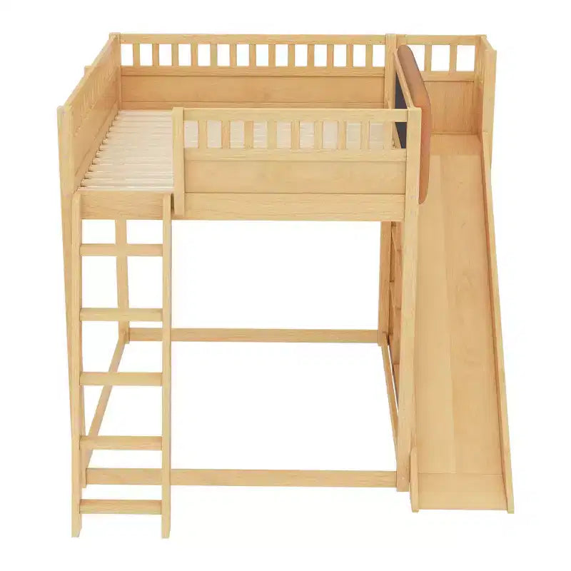 Lit mezzanine Bellemave avec tête de lit rembourrée et étagères de rangement, cadre en bois massif avec échelle et toboggan pour enfants