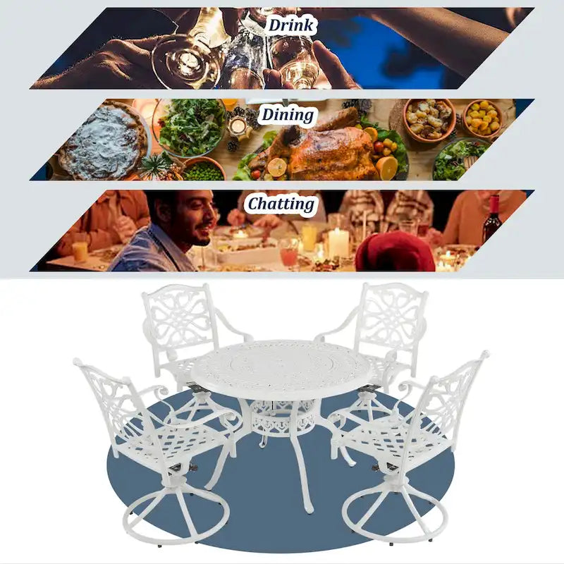 Ensemble de salle à manger de patio en aluminium moulé, 5 pièces, avec 4 chaises pivotantes