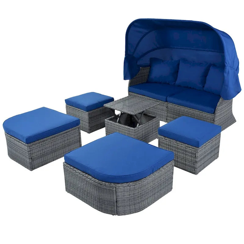 Graues Outdoor-Daybed aus Rattan mit Kissen und ausziehbarem Sonnendach