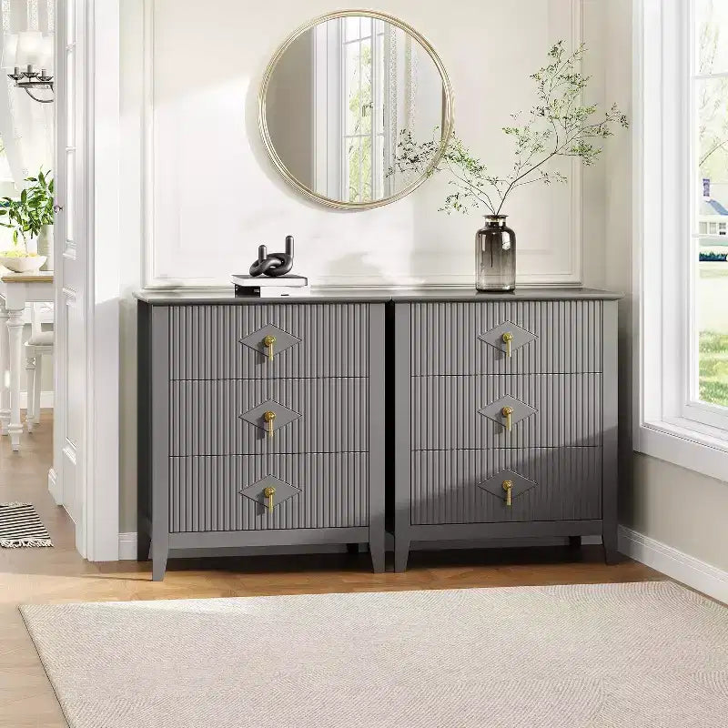 Lot de 2 tables de chevet en bois cannelé, commode de 27.5 de large à 3 tiroirs, tables de chevet modernes, commode pour chambre ou salon