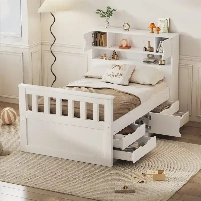 Letto a piattaforma Captain singolo/matrimoniale con 4 cassetti e ripiani contenitori, struttura in legno massello con testiera libreria contenitore