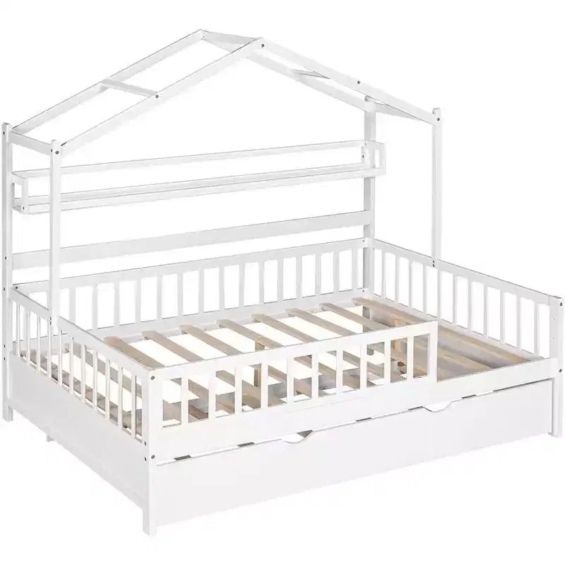 Lit cabane Acekool pour lit double avec lit gigogne simple, tiroirs de rangement et étagères, toit et barrières, lit plateforme pour enfants, blanc