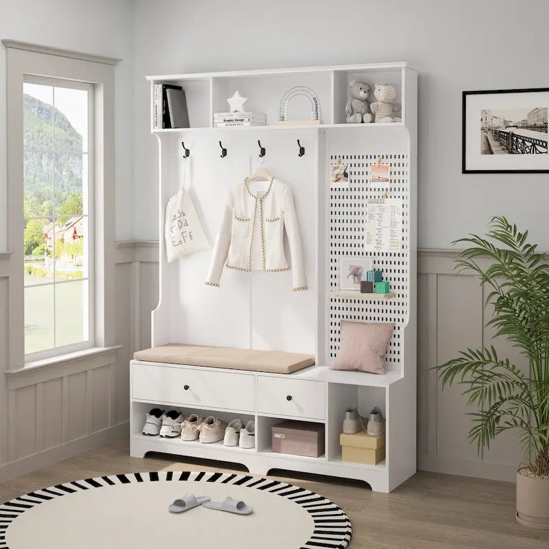 GDFStudio - Appendiabiti multifunzione Finn con panca portascarpe, pannello forato e ampio spazio contenitivo