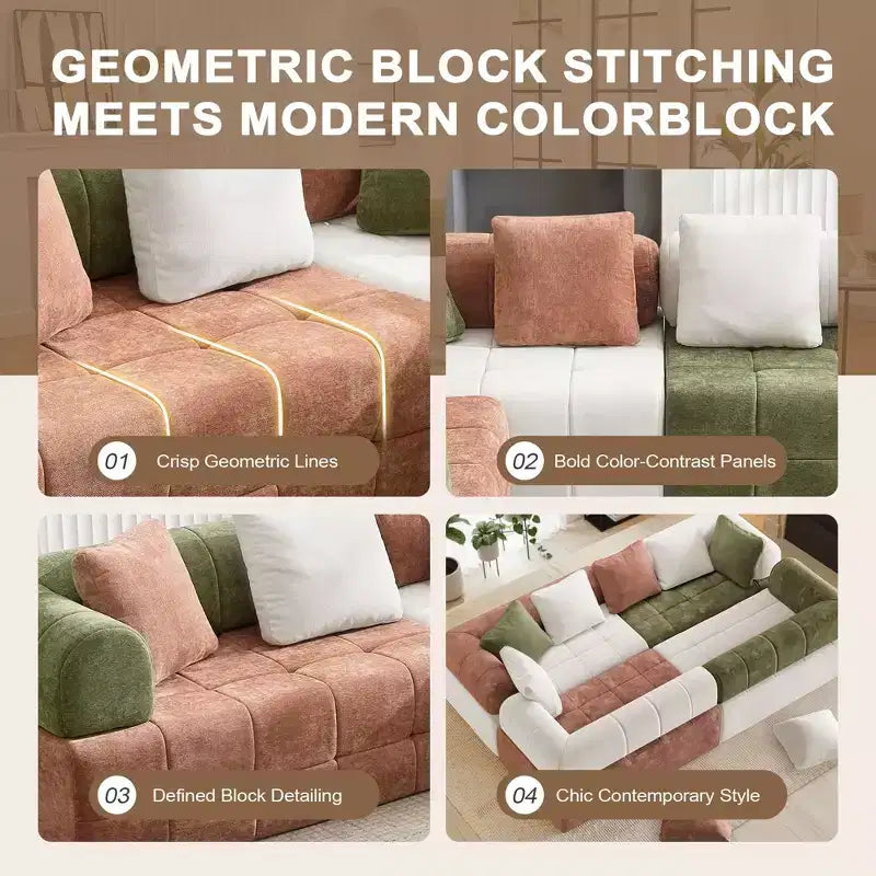 110.23 in. W modulares 4-Sitzer-Chenillesofa im Colorblock-Design mit geschwungenen Armlehnen
