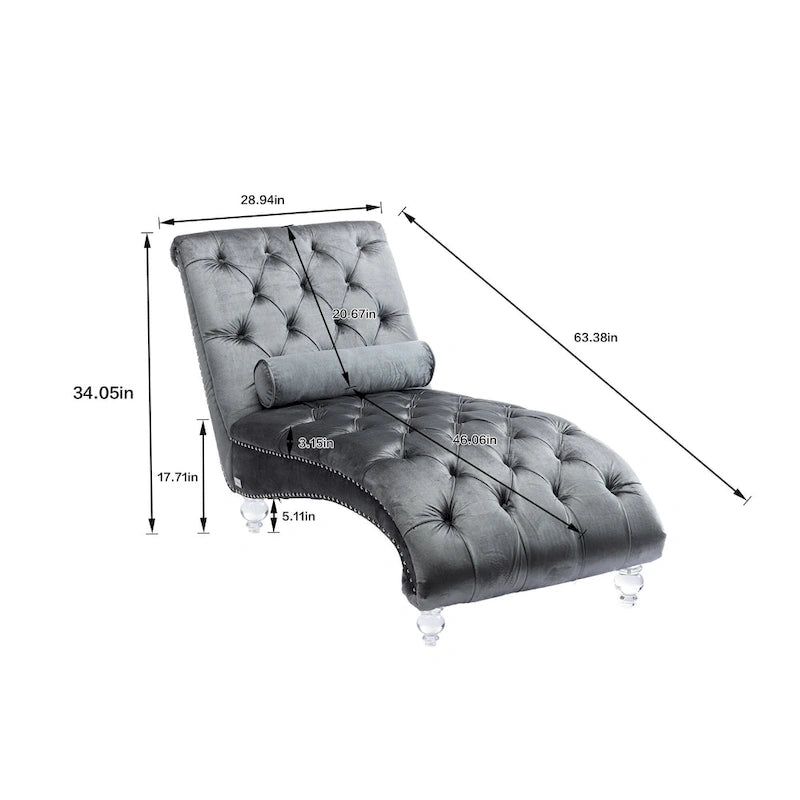 Chaise longue reclinabile imbottita in velluto con bottoni, cuscino e piedini in acrilico