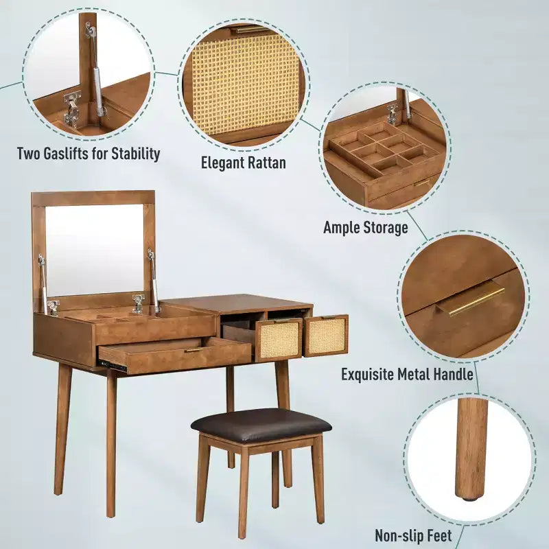 GDFStudio Vita klassieke houten kaptafelset met opklapbaar blad, verborgen spiegel, 3 opberglades en gevoerde kruk