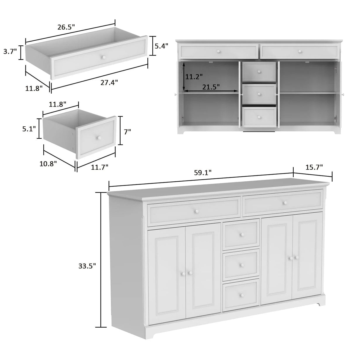 Buffet blanc à portes et tiroirs de 59.1, style moderne du milieu du siècle, laqué contemporain