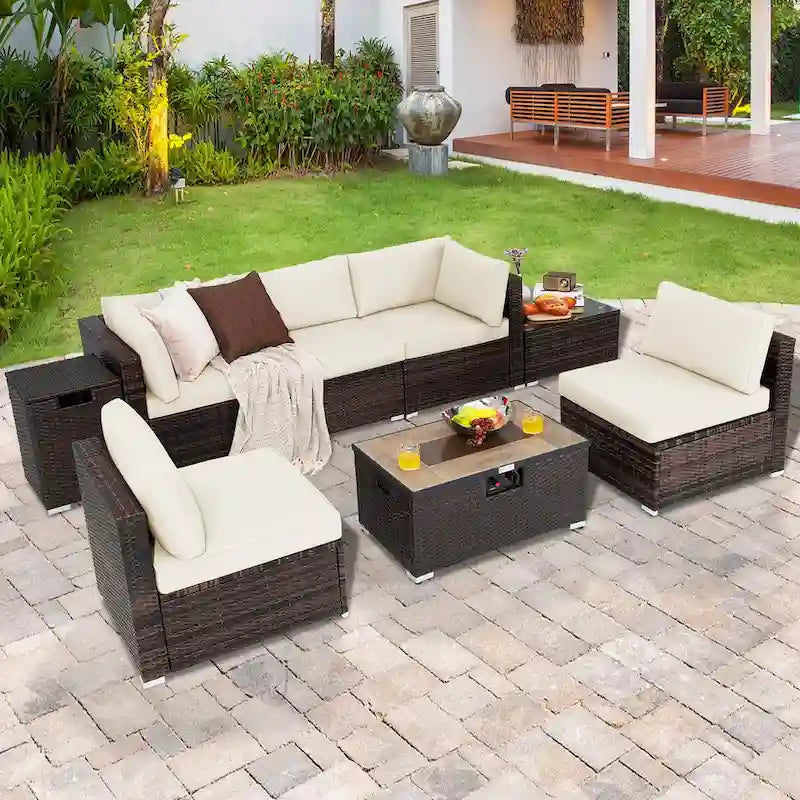 8-teiliges Gartenmöbel-Set aus Rattan mit Feuertisch, Tankhalter, Abdeckung und Terrassenmöbeln