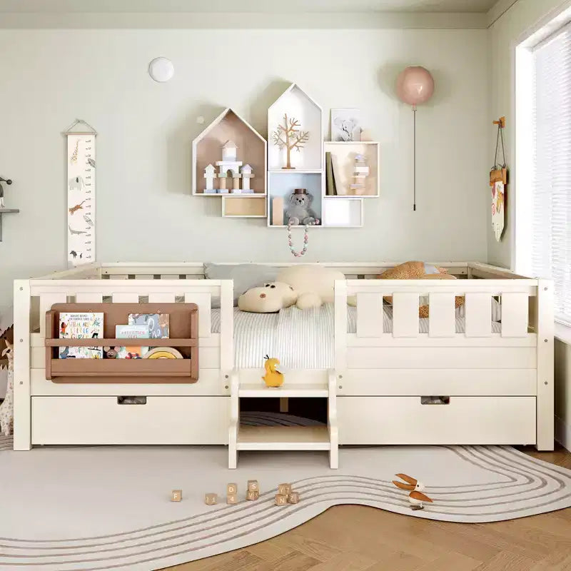 Bellemave Kinderbett in Queen-Size mit 14 Sicherheitsgittern, platzsparender Bettrahmen mit integrierten Bücherregalen und 2 Schubladen unter dem Bett