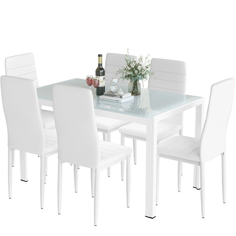 Grondin moderne 7-delige eettafelset met tafelblad van gehard glas en 6 met PU-leer beklede stoelen