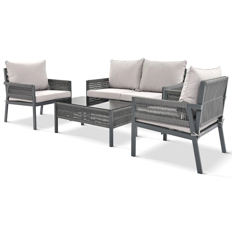 4-delige tuinmeubelset, loungeset voor buiten met tafel van gehard glas, diepe zit en dikke kussens