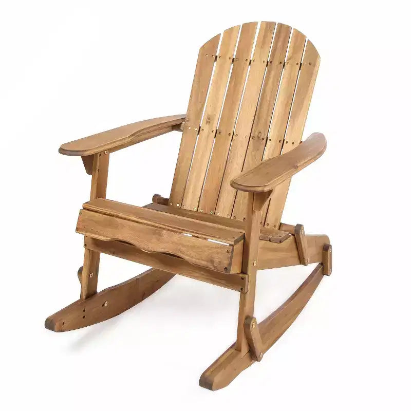 Okak rustikaler Adirondack-Schaukelstuhl aus hochwertigem Akazienholz, 1 Stück, gemütlicher Outdoor-Sessel für Veranda, Hinterhof und Garten, naturfarben