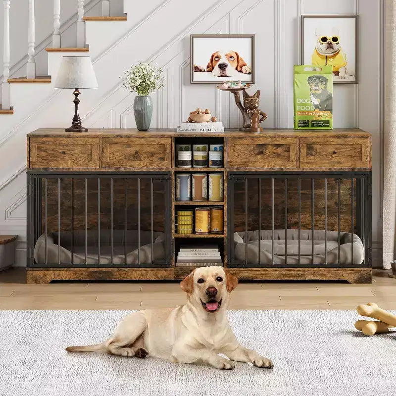Meuble double cage pour chiens 82, grand chenil d’intérieur pour 2 chiens, cage en bois robuste faisant office de meuble TV avec 4 tiroirs et des étagères