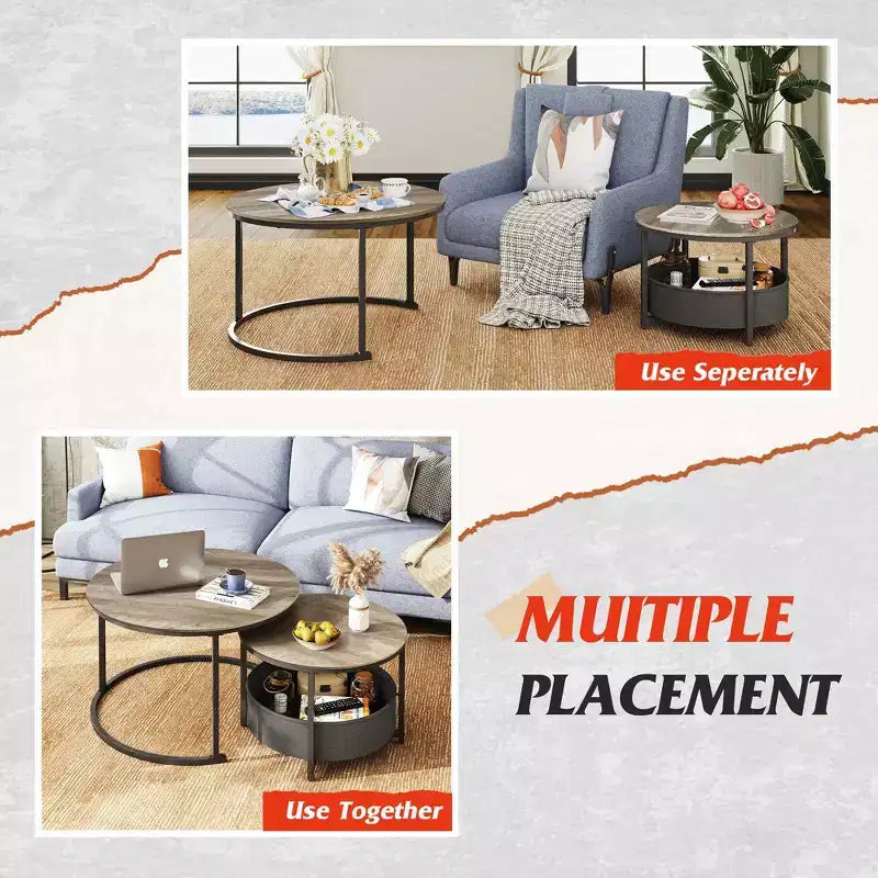 GALAXHERO set van 2 ronde nesttafels - salontafels van 31.5 met opbergruimte en metalen frame voor woonkamer/appartement