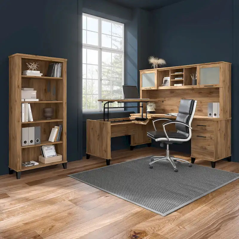 Bush Furniture Somerset 60W L-förmiger Schreibtisch mit Aufsatzregal