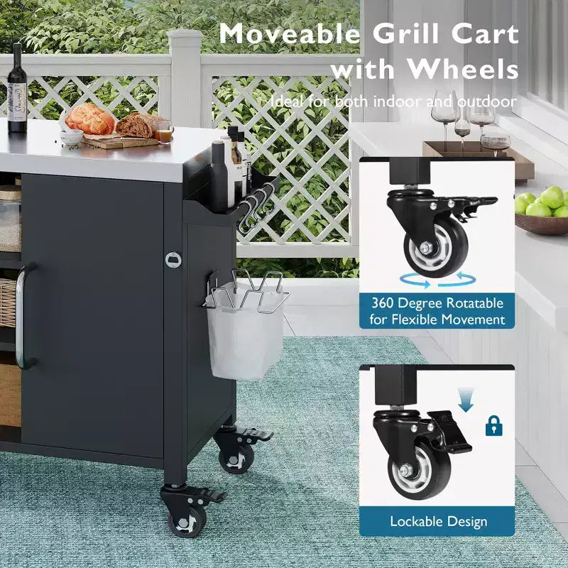 Îlot de cuisine d’extérieur 55.5 avec évier, table de préparation en acier inoxydable avec porte-épices et roulettes verrouillables, chariot pour barbecue, noir - ModernLuxe