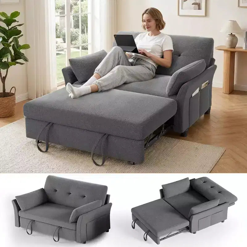 Divano letto Dyonery 51 3 in 1, divanetto trasformabile con letto estraibile, schienale regolabile, rivestimento in lino
