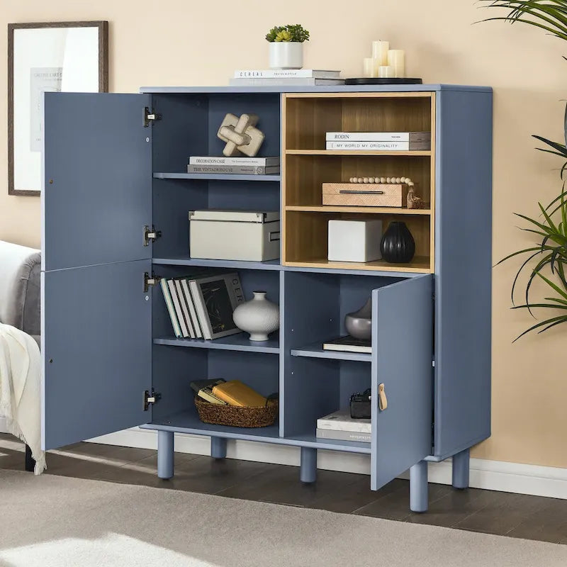 Multifunktionaler Aufbewahrungsschrank mit Tür, modernes Sideboard, Aufbewahrungsschrank aus Holz, Schubladenschrank mit Ledergriffen
