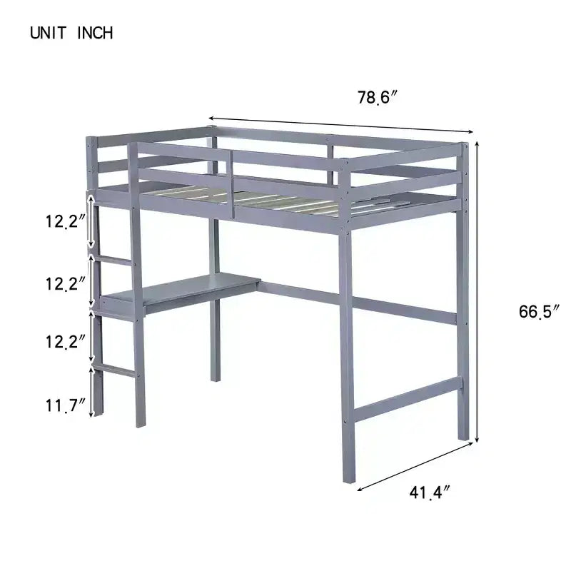 Lit mezzanine minimaliste Okak avec échelle, lit mezzanine pour lit simple en bois d’hévéa avec garde-corps de sécurité et bureau intégré, cadre de lit pour enfants et adolescents