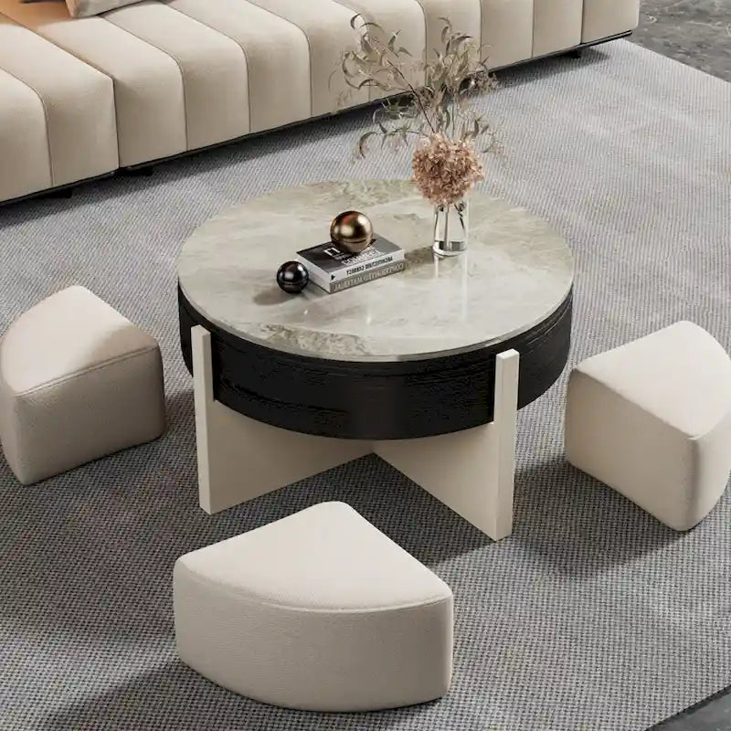 Table basse moderne de 31.5, table basse à plateau relevable avec 3 poufs, noire - 31.5 X 31.5