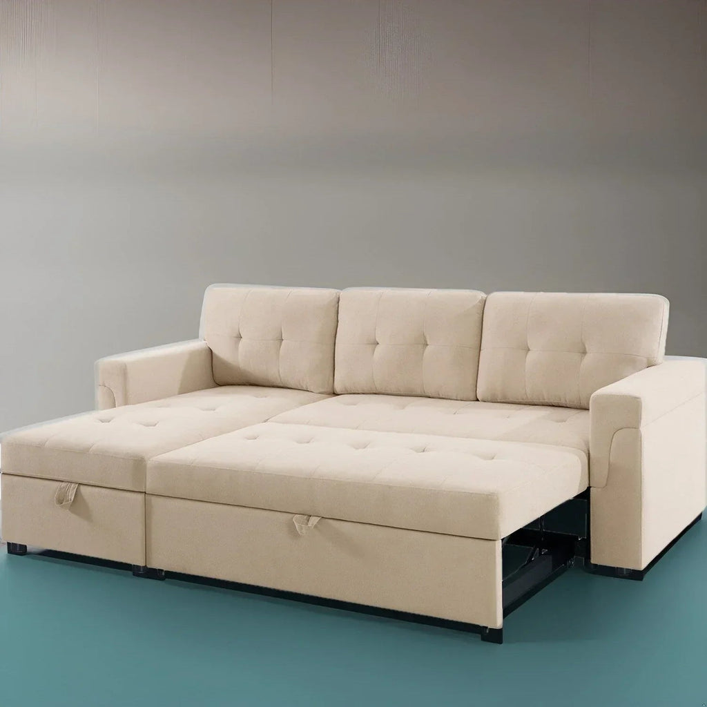 Umbaubares, beidseitig montierbares Ecksofa mit ausziehbarem Schlafbett, verstecktem Stauraum in der Recamiere und robusten Beinen