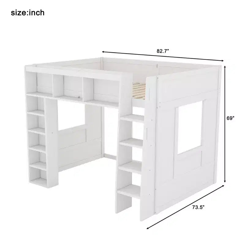 Whisen-Hochbett aus Holz in Queen-Size mit Stauschränken und Regalen