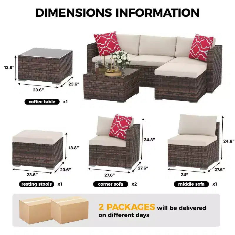 5-teiliges Gartenmöbel-Set, wetterfestes Ecksofa aus Rattan mit rutschfesten Kissen, Gartenmöbel-Sofa-Set aus Rattan mit Hocker