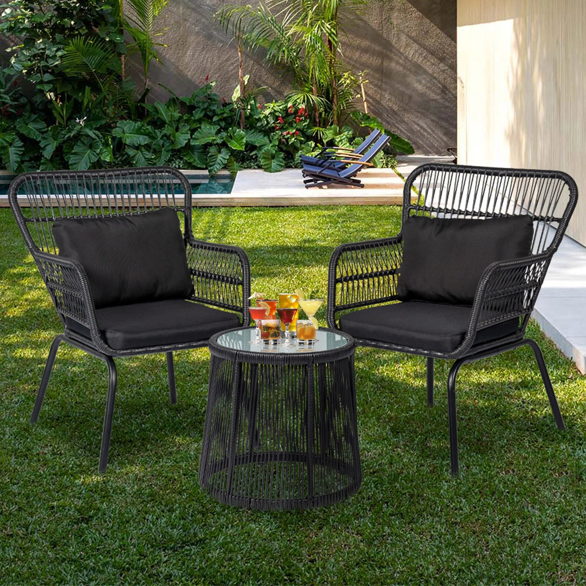 Ensemble bistro de jardin en osier de 3 pièces, ensemble de fauteuils de patio en rotin toutes saisons avec coussins