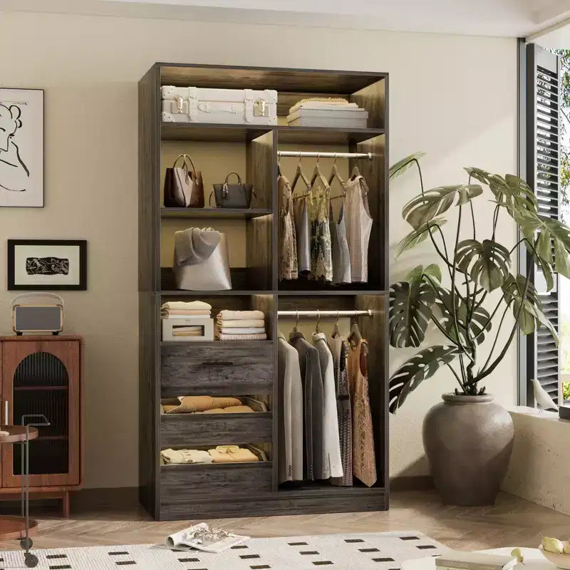 Organizer per armadio con cassetti in legno, sistema guardaroba indipendente con aste appendiabiti