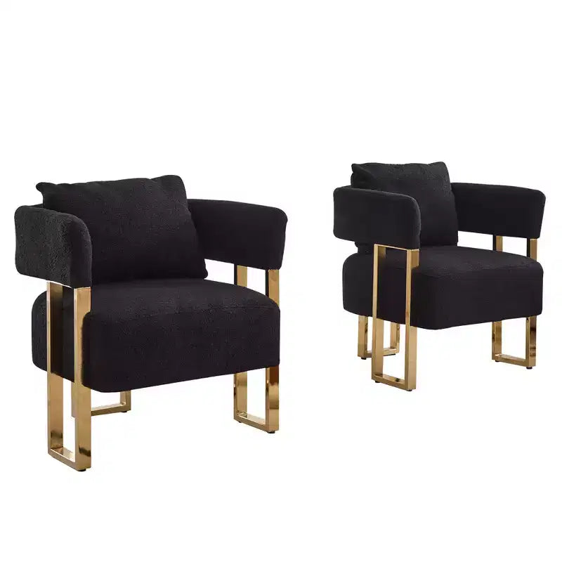Set van 2 moderne gestoffeerde fauteuils met gouden metalen poten voor woonkamer, slaapkamer of kantoor