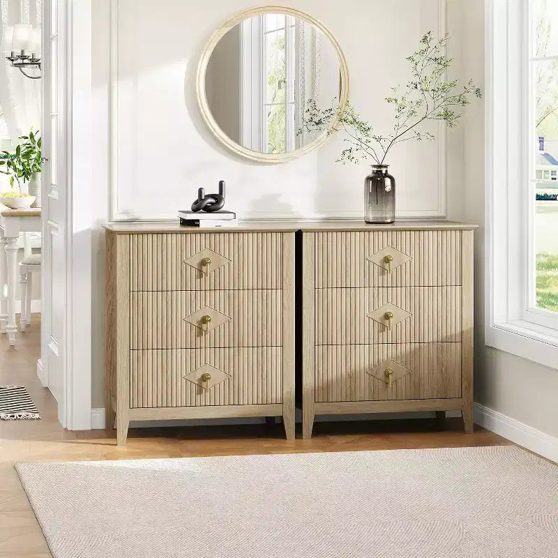 Lot de 2 tables de chevet en bois cannelé, commode de 27.5 de large à 3 tiroirs, tables de chevet modernes, commode pour chambre ou salon