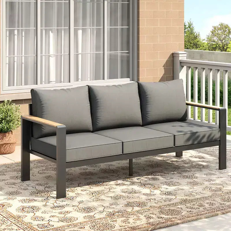 Ensemble de mobilier de patio en aluminium, canapé d’angle d’extérieur avec 5 coussins épais, 4 accoudoirs et table basse pour le jardin, la terrasse ou la cour