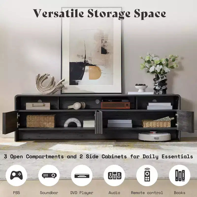 AMERLIFE Meuble TV moderne de 70 au design cannelé avec placards de rangement, pour téléviseurs jusqu'à 80, meuble de divertissement en bois, console multimédia pour le salon
