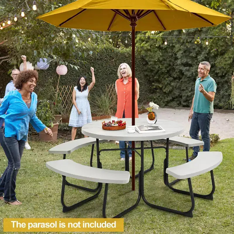 Costway Rundes Picknicktisch-Bank-Set für 8 Personen für den Außenbereich, mit 4 Bänken und Schirmloch, Schwarz/Grau/Grün/Weiß