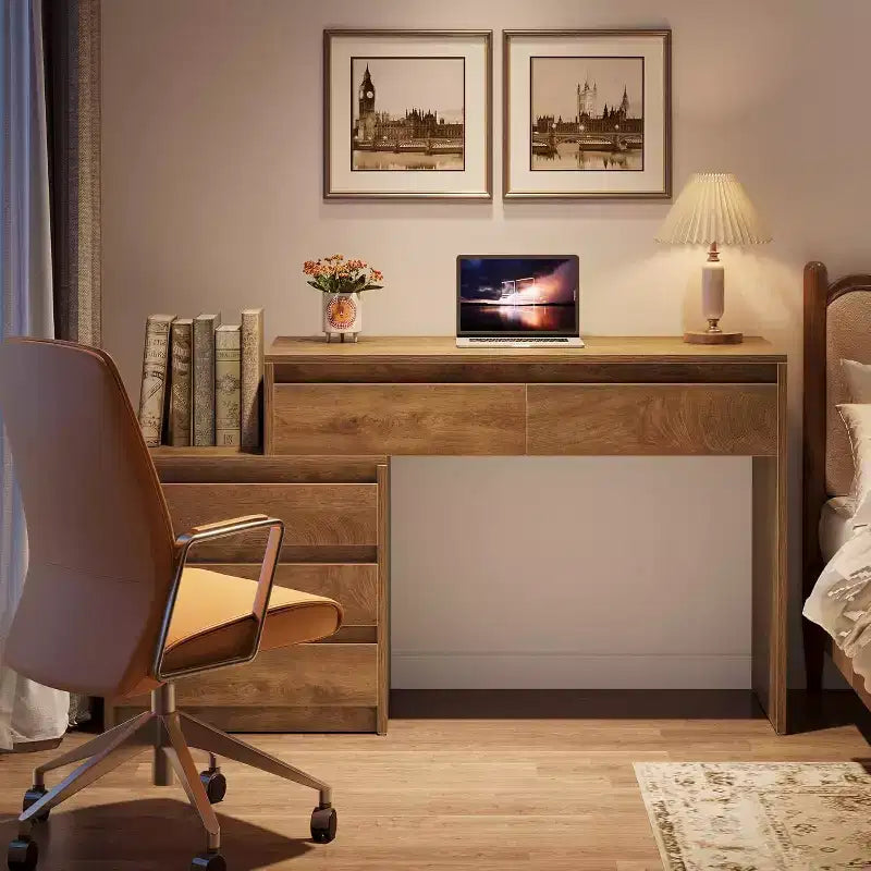 Scrivania per computer Lantine con 5 cassetti, scrivania direzionale in legno con schedario e supporto per stampante, per ufficio domestico e piccoli spazi