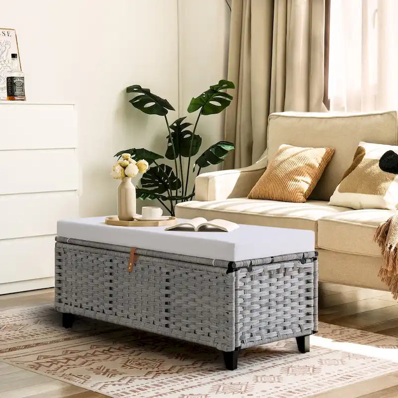 Aufbewahrungsbank aus Korbgeflecht mit Kissen für Schlafzimmer, Wohnzimmer oder Veranda - 18.5 H X 43.3 W X 18.5 D