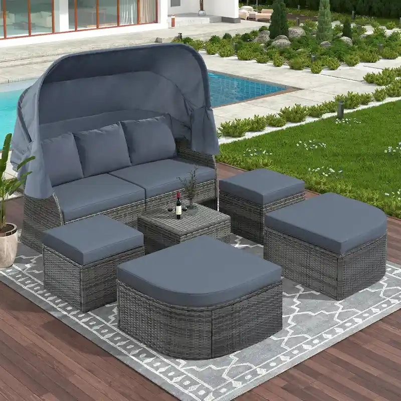Graues Outdoor-Daybed aus Rattan mit Kissen und ausziehbarem Sonnendach