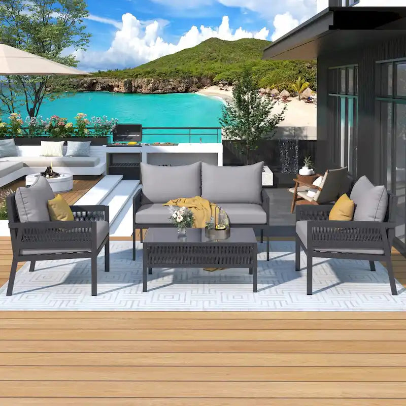 4-delige tuinmeubelset, loungeset voor buiten met tafel van gehard glas, diepe zit en dikke kussens
