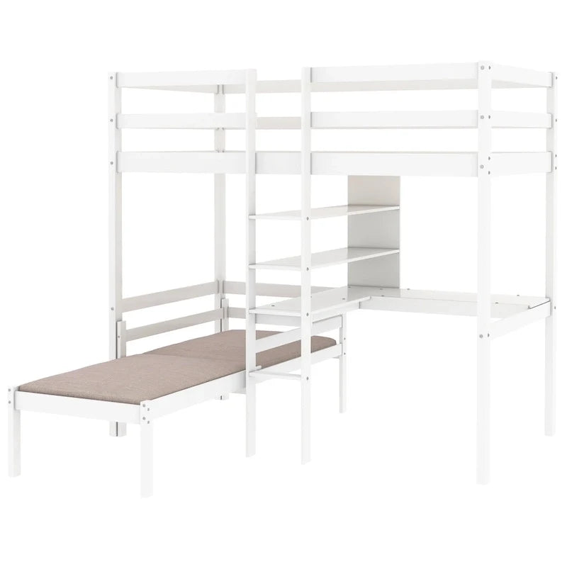 Hochbett mit L-förmigem Schreibtisch, Etagenbett in Twin-Größe mit Regalen und Leiter, weiß