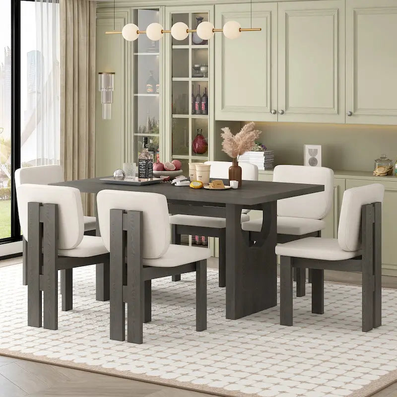7-delige eettafelset, massief houten keukentafelset met rechthoekige tafel, ontworpen schraagonderstel en 6 gestoffeerde stoelen