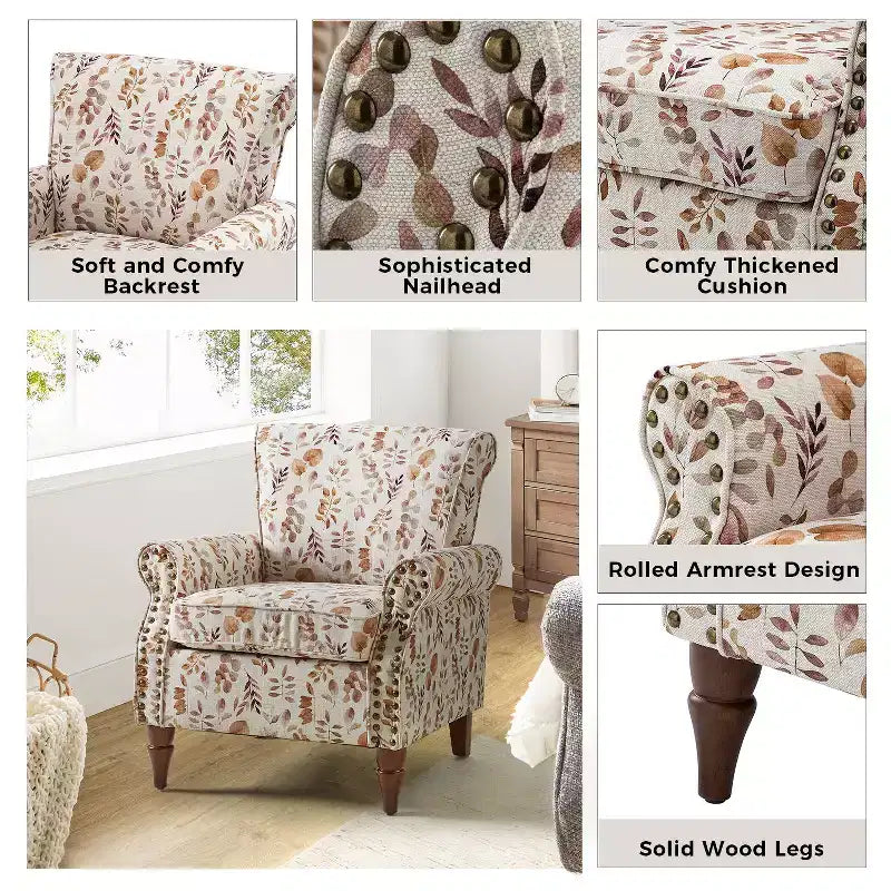 Araceli traditionele houten fauteuil met bloemenstof, hoge rugleuning met vleugels en siernagels| ART OF LIVING DESIGNS