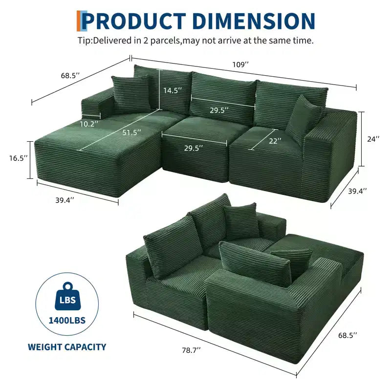 108 Modernes 3-Sitzer-Sofa, gepolstertes Sofa in L-Form mit Kissen, Sofa mit tiefer Sitzfläche, keine Montage erforderlich