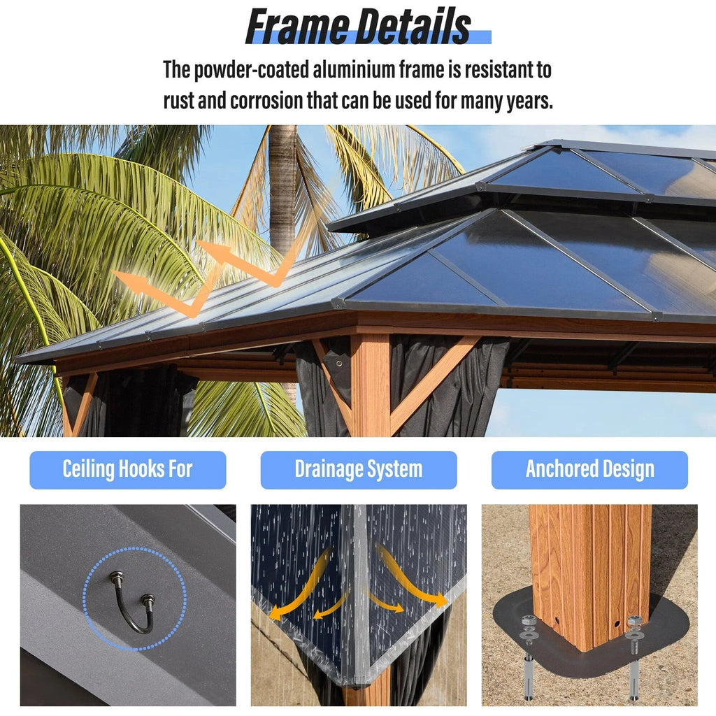 EROMMY hardtop-paviljoen, pergola voor buiten met dubbel dak, netten en gordijnen, extra stevig zonnescherm voor terras, achtertuin en zwembadfeest